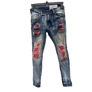 Evolution In Design Jeans Distressed Red Patches Shuttle Skinny Stretch Youth 10